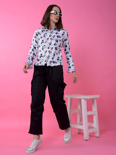 White Floral Print Shirt-Women Shirts-Crimsoune Club