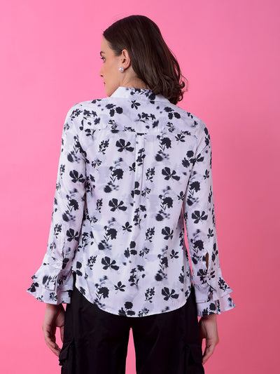 White Floral Print Shirt-Women Shirts-Crimsoune Club