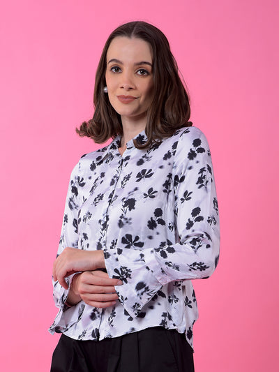 White Floral Print Shirt-Women Shirts-Crimsoune Club