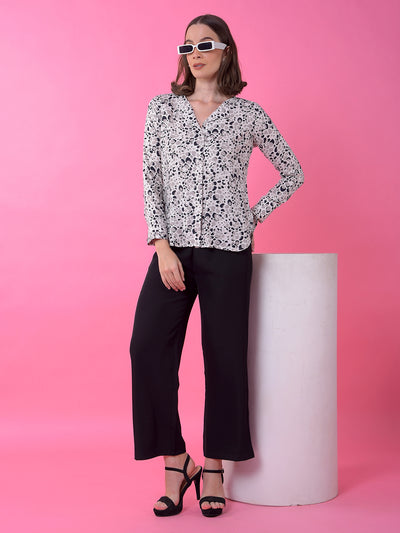 Grey Printed Notched Lapel Shirt-Women Shirts-Crimsoune Club