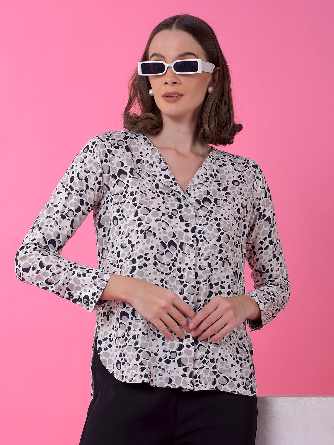 Grey Printed Notched Lapel Shirt-Women Shirts-Crimsoune Club