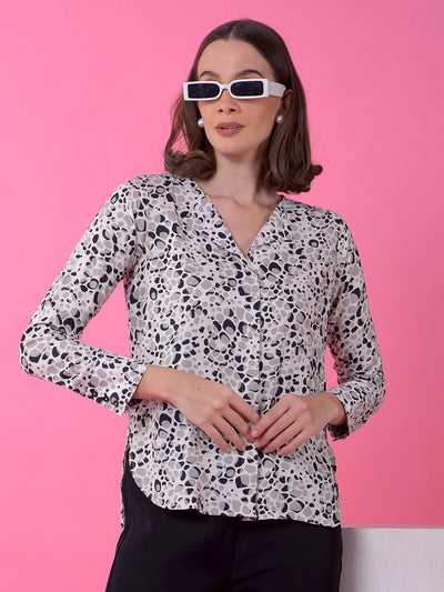 Grey Printed Notched Lapel Shirt-Women Shirts-Crimsoune Club