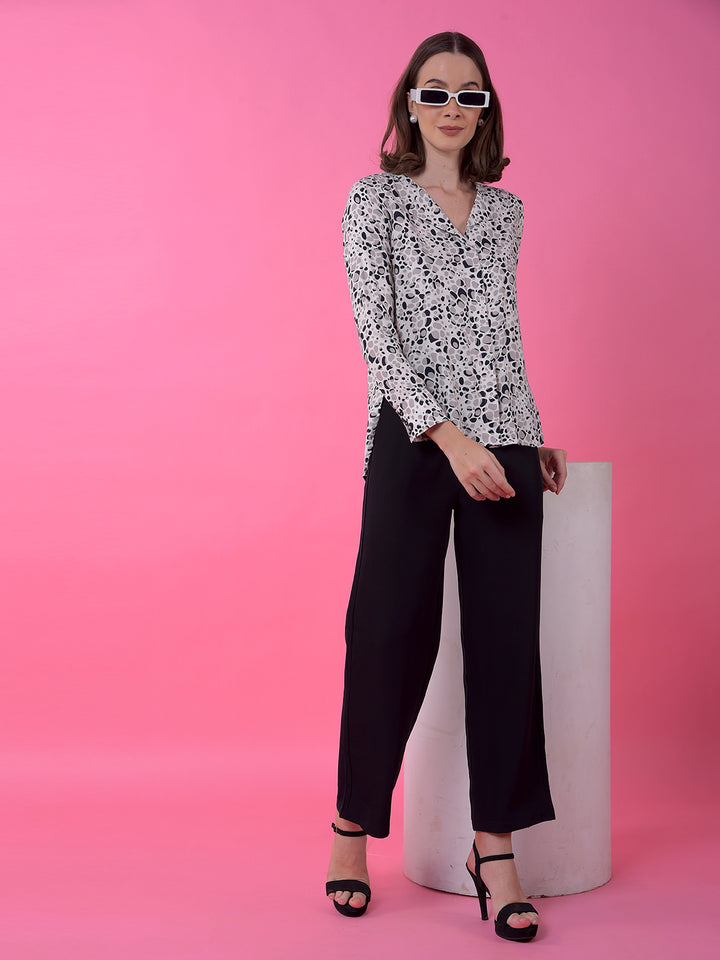 Grey Printed Notched Lapel Shirt-Women Shirts-Crimsoune Club