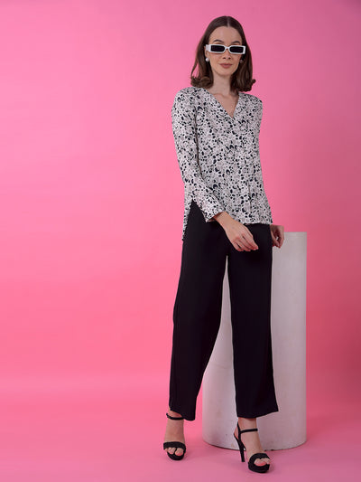 Grey Printed Notched Lapel Shirt-Women Shirts-Crimsoune Club