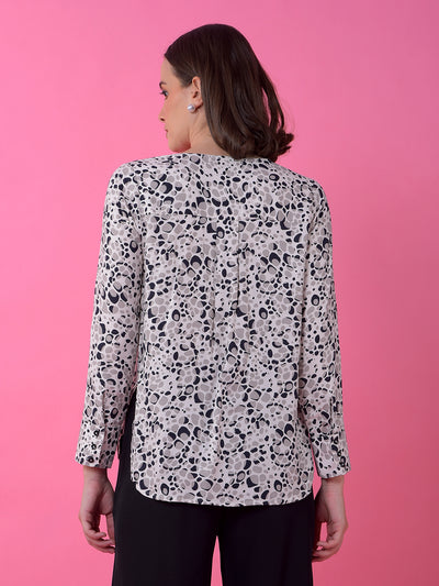 Grey Printed Notched Lapel Shirt-Women Shirts-Crimsoune Club