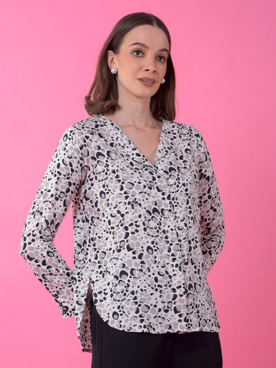 Grey Printed Notched Lapel Shirt-Women Shirts-Crimsoune Club