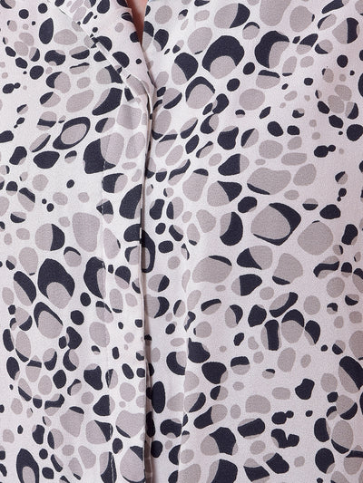 Grey Printed Notched Lapel Shirt-Women Shirts-Crimsoune Club