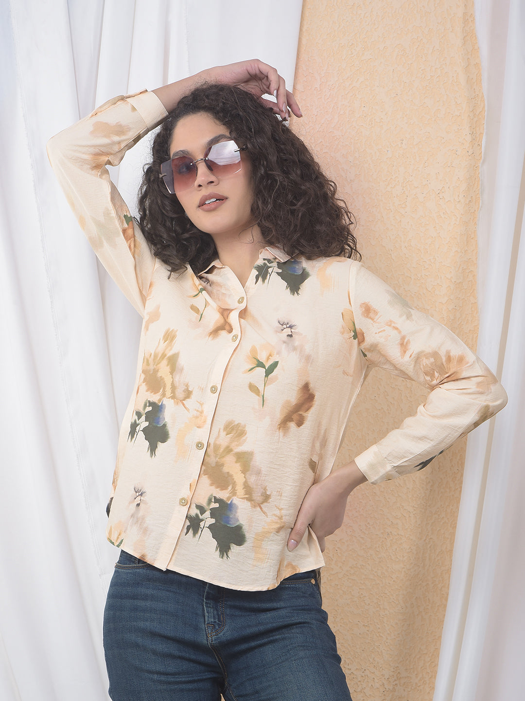Peach Floral Print Shirt-Women Shirts-Crimsoune Club