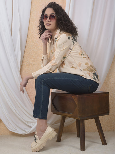 Peach Floral Print Shirt-Women Shirts-Crimsoune Club