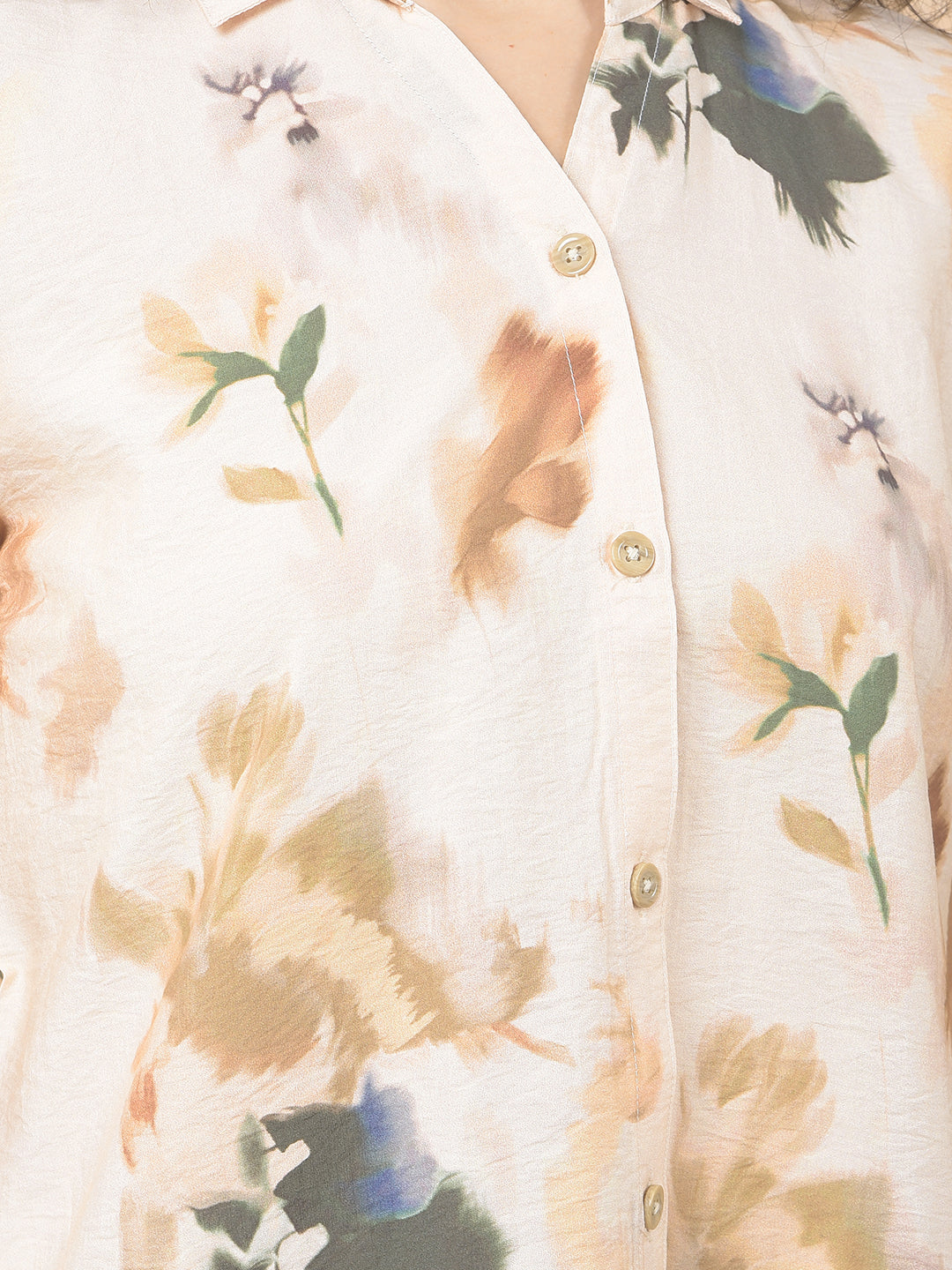 Peach Floral Print Shirt-Women Shirts-Crimsoune Club