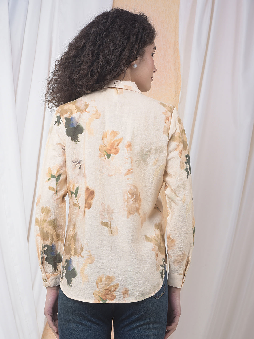 Peach Floral Print Shirt-Women Shirts-Crimsoune Club