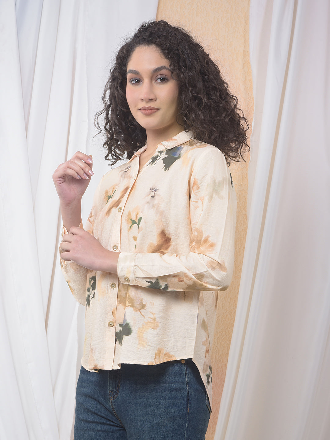Peach Floral Print Shirt-Women Shirts-Crimsoune Club