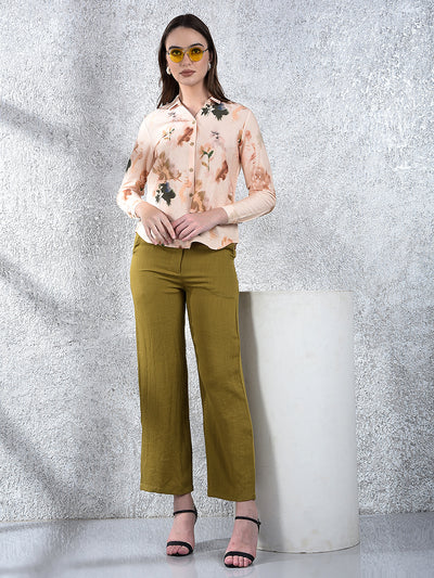 Peach Floral Print Shirt-Women Shirts-Crimsoune Club