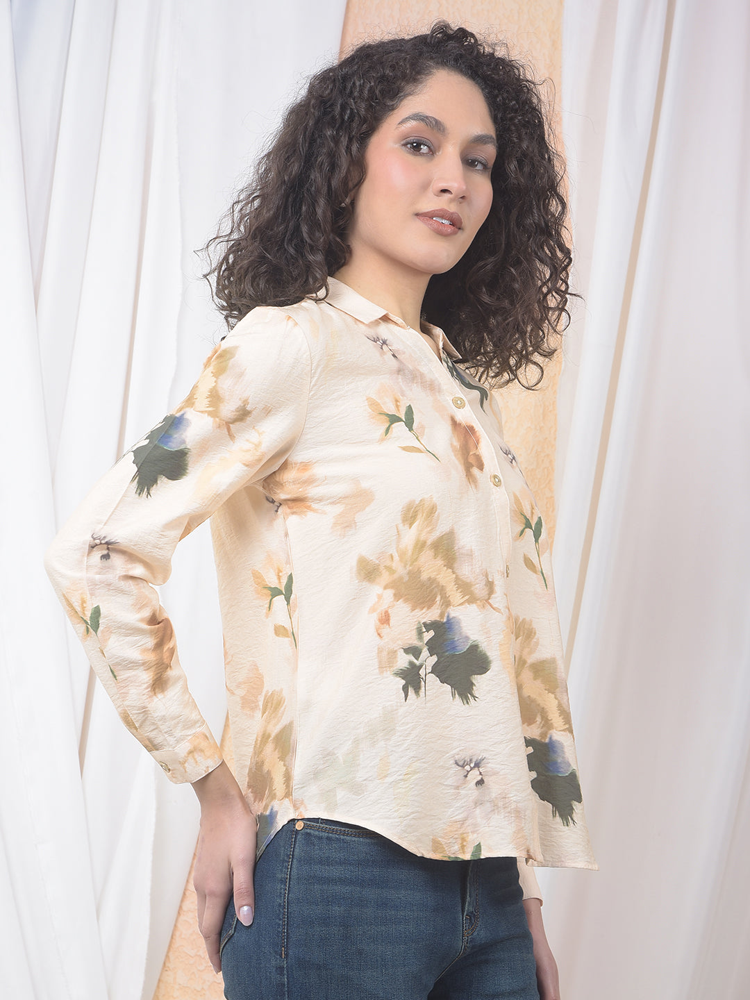 Peach Floral Print Shirt-Women Shirts-Crimsoune Club