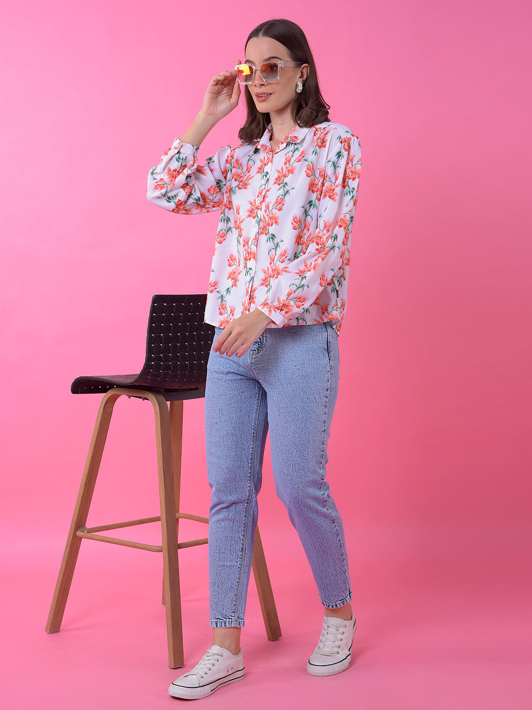 White Floral Print Shirt-Women Shirts-Crimsoune Club