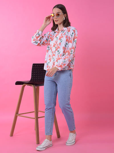 White Floral Print Shirt-Women Shirts-Crimsoune Club