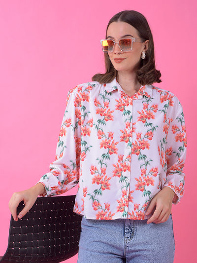 White Floral Print Shirt-Women Shirts-Crimsoune Club