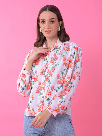 White Floral Print Shirt-Women Shirts-Crimsoune Club