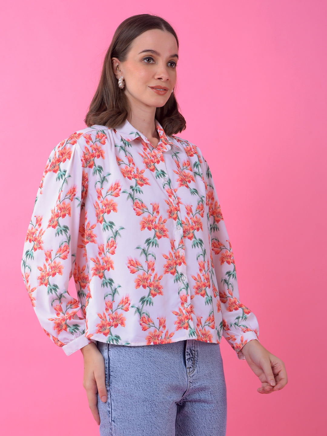 White Floral Print Shirt-Women Shirts-Crimsoune Club