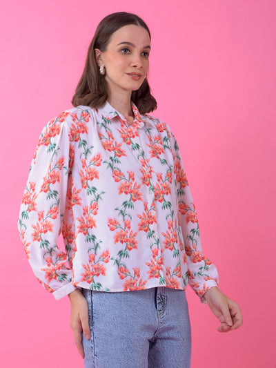 White Floral Print Shirt-Women Shirts-Crimsoune Club