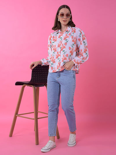 White Floral Print Shirt-Women Shirts-Crimsoune Club