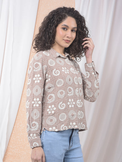 Brown Embroidered Linen Shirt-Women Shirts-Crimsoune Club