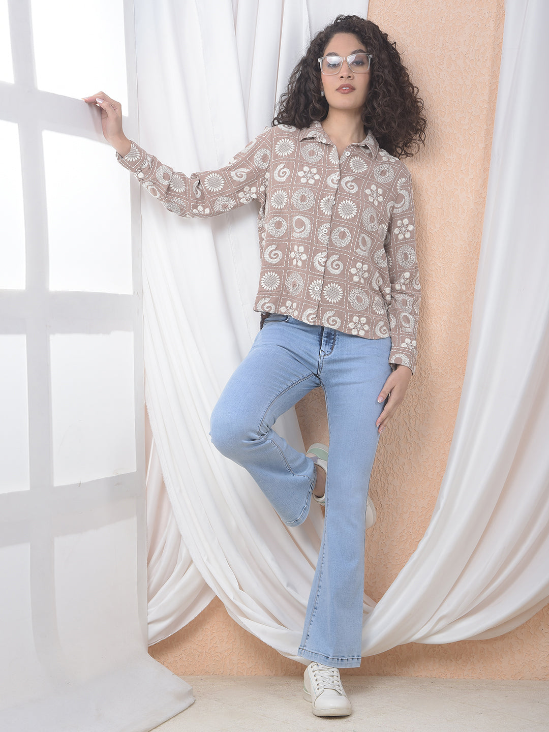 Brown Embroidered Linen Shirt-Women Shirts-Crimsoune Club