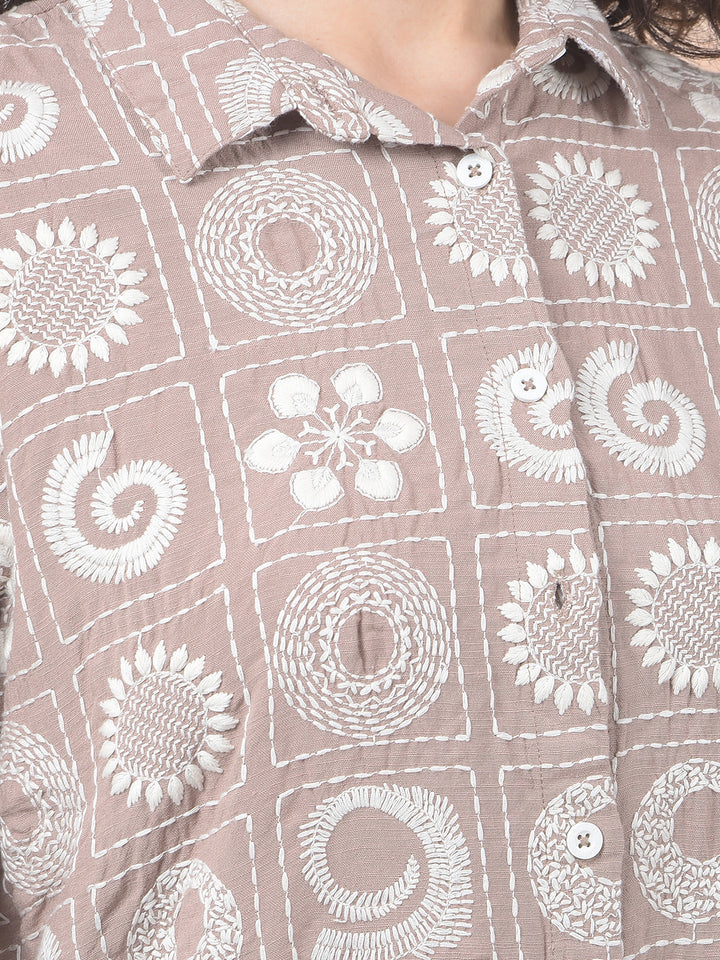 Brown Embroidered Linen Shirt-Women Shirts-Crimsoune Club