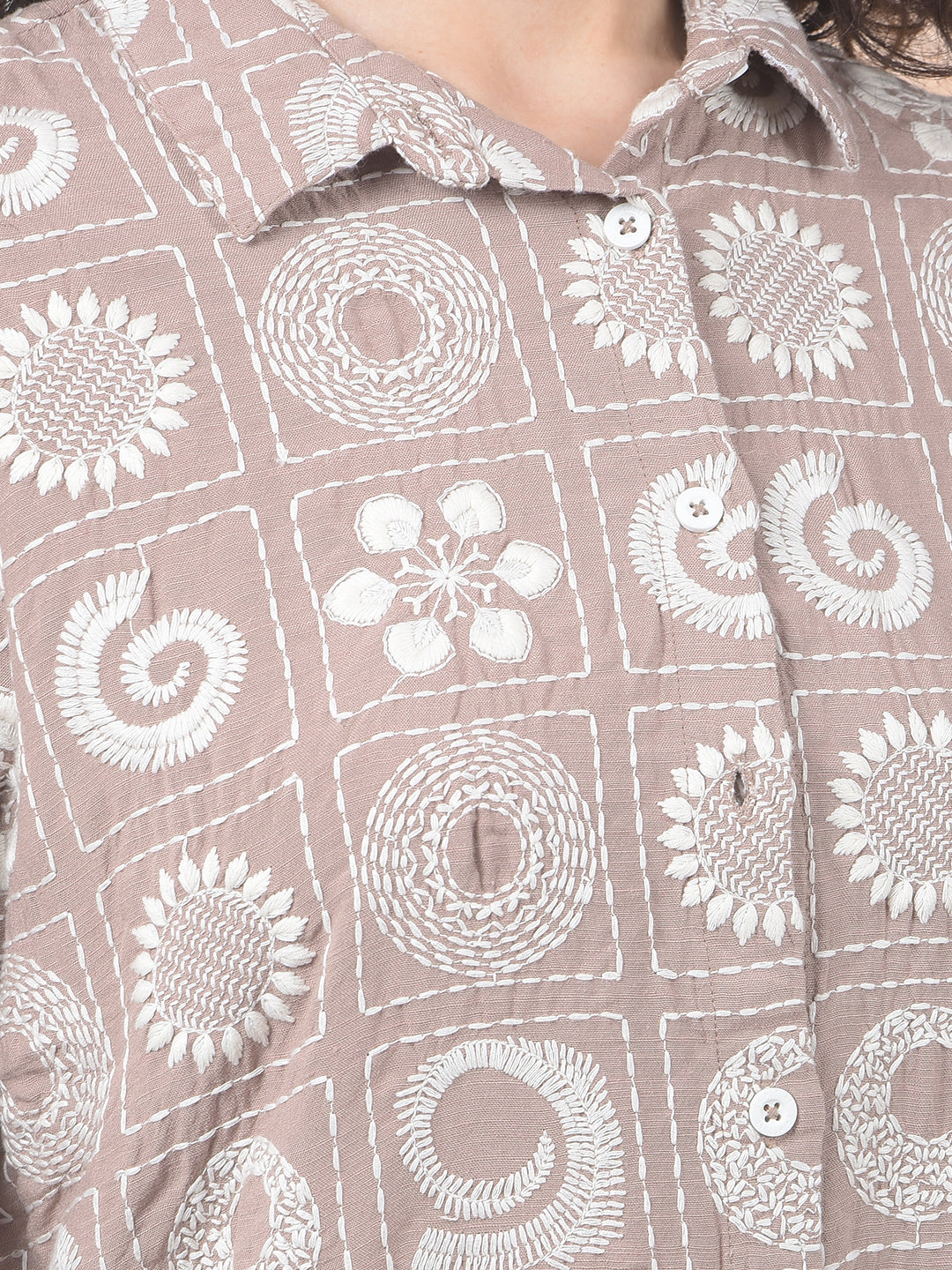 Brown Embroidered Linen Shirt-Women Shirts-Crimsoune Club