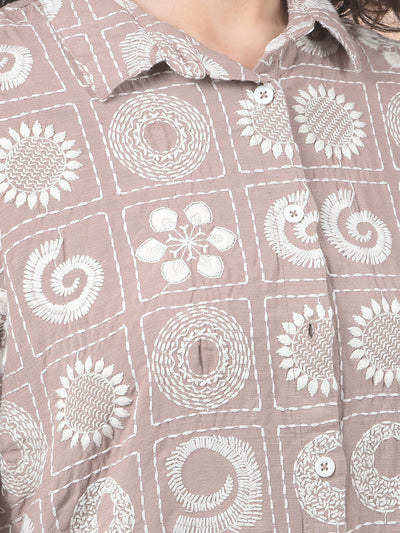 Brown Embroidered Linen Shirt-Women Shirts-Crimsoune Club