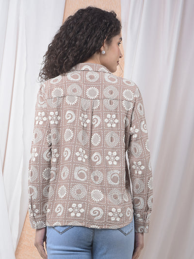 Brown Embroidered Linen Shirt-Women Shirts-Crimsoune Club