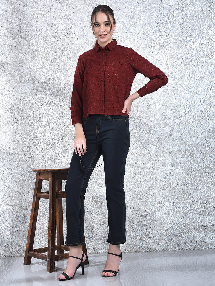 Maroon Embroidered 100% Cotton Shirt-Women Shirts-Crimsoune Club