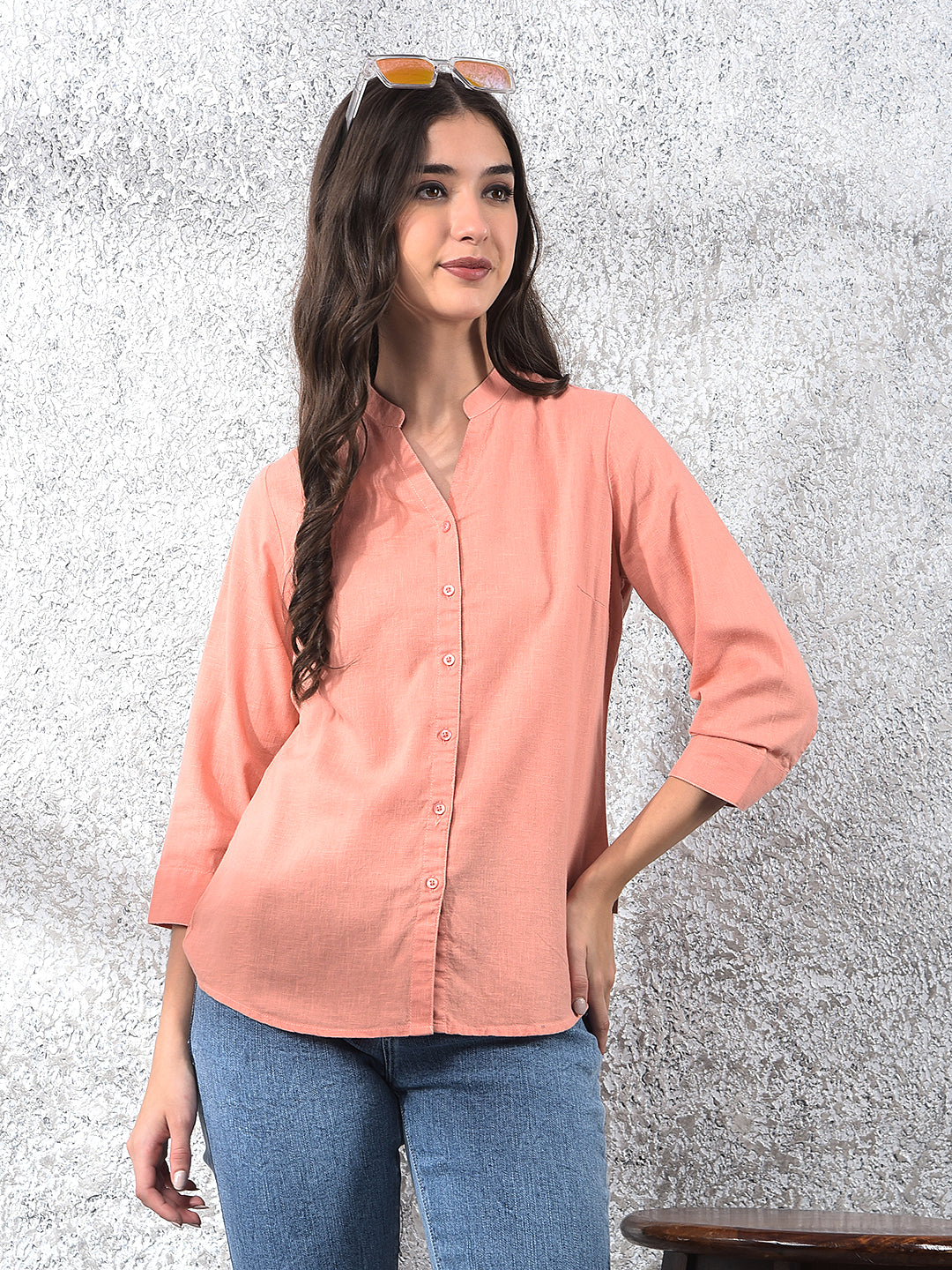 Peach Radiance Mandarin Shirt-Women Shirts-Crimsoune Club
