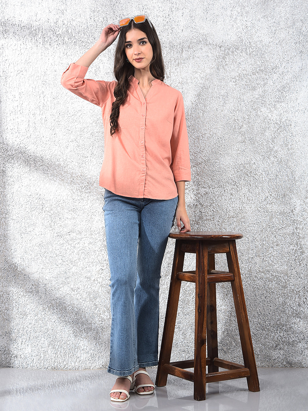Peach Radiance Mandarin Shirt-Women Shirts-Crimsoune Club