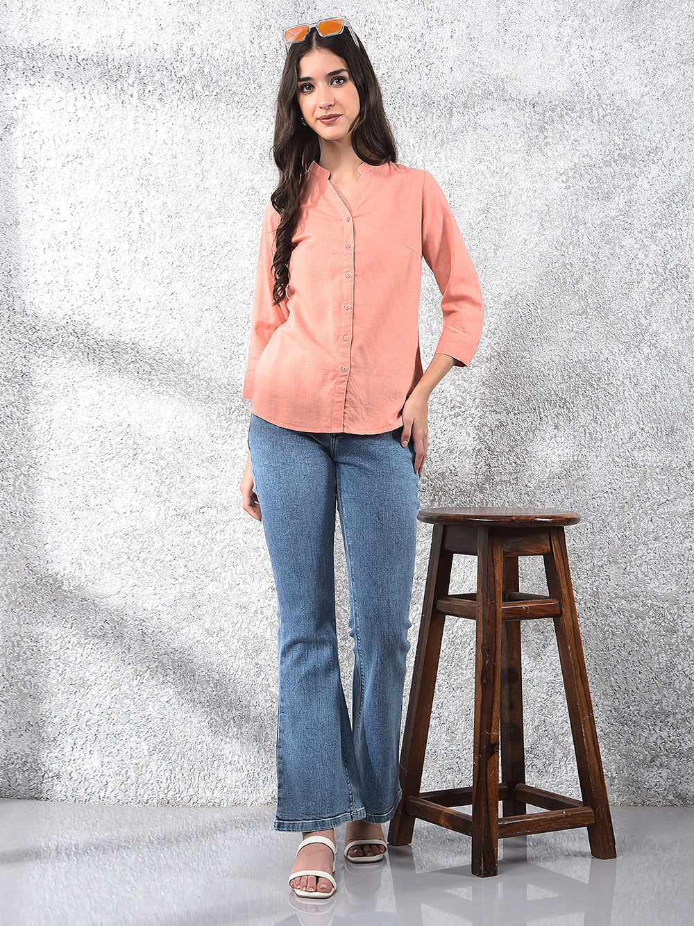 Peach Radiance Mandarin Shirt-Women Shirts-Crimsoune Club