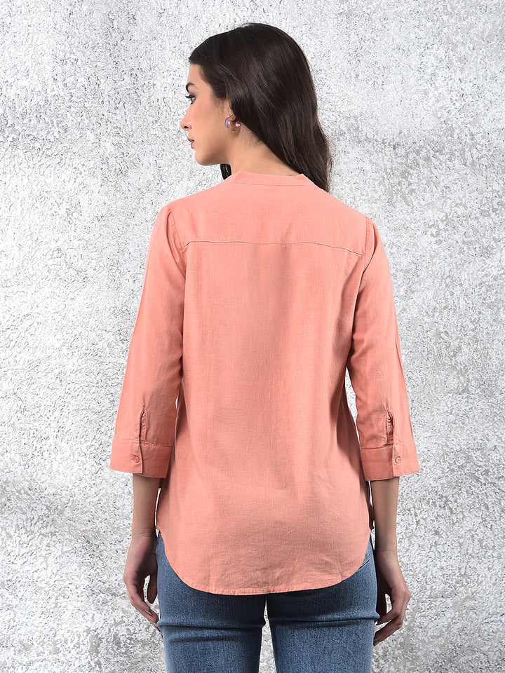 Peach Radiance Mandarin Shirt-Women Shirts-Crimsoune Club