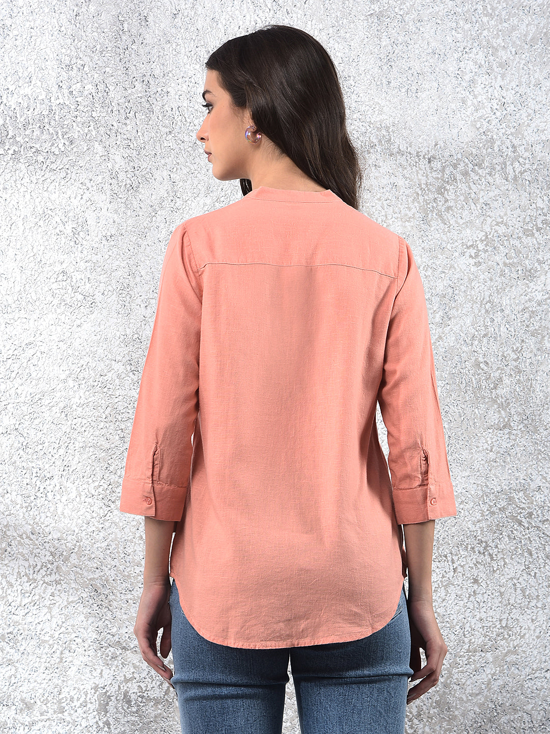 Peach Radiance Mandarin Shirt-Women Shirts-Crimsoune Club