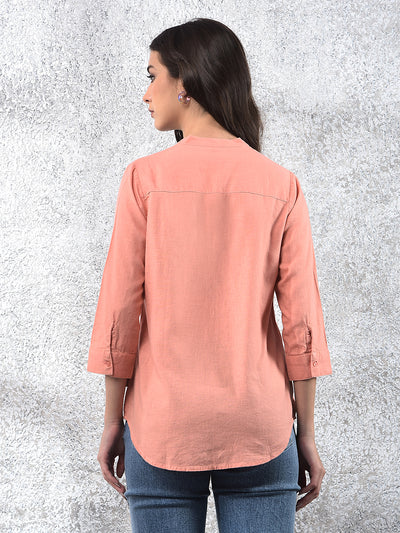 Peach Radiance Mandarin Shirt-Women Shirts-Crimsoune Club