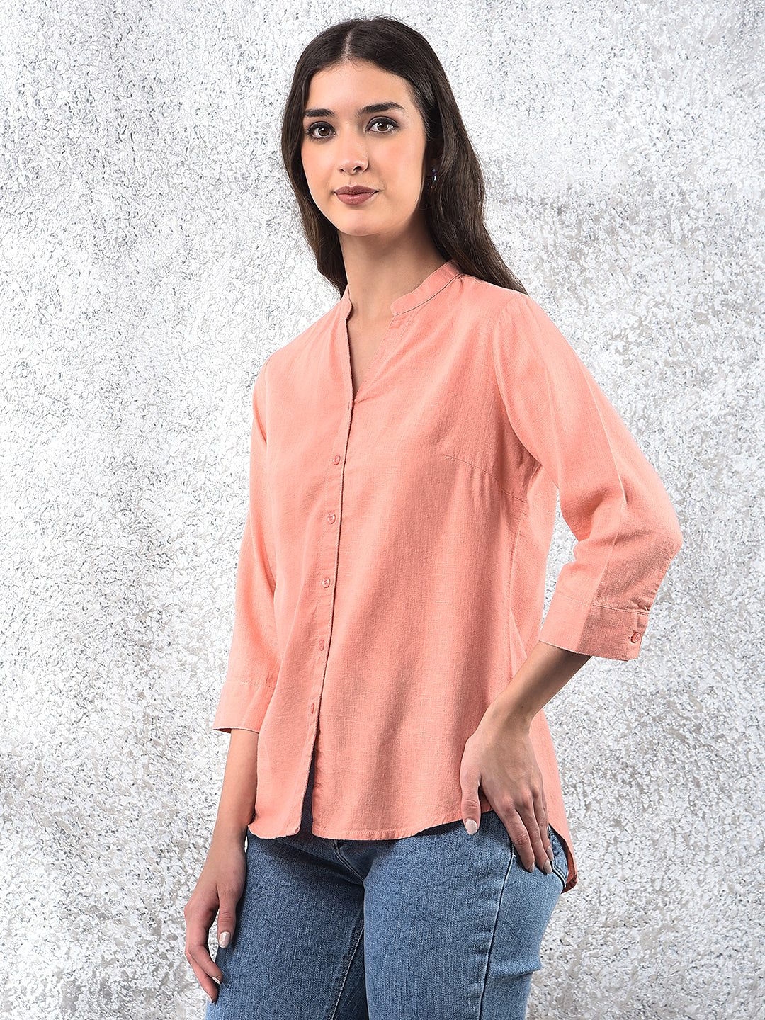 Peach Radiance Mandarin Shirt-Women Shirts-Crimsoune Club