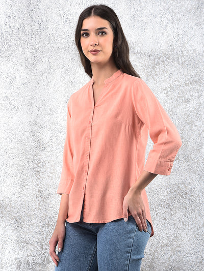 Peach Radiance Mandarin Shirt-Women Shirts-Crimsoune Club
