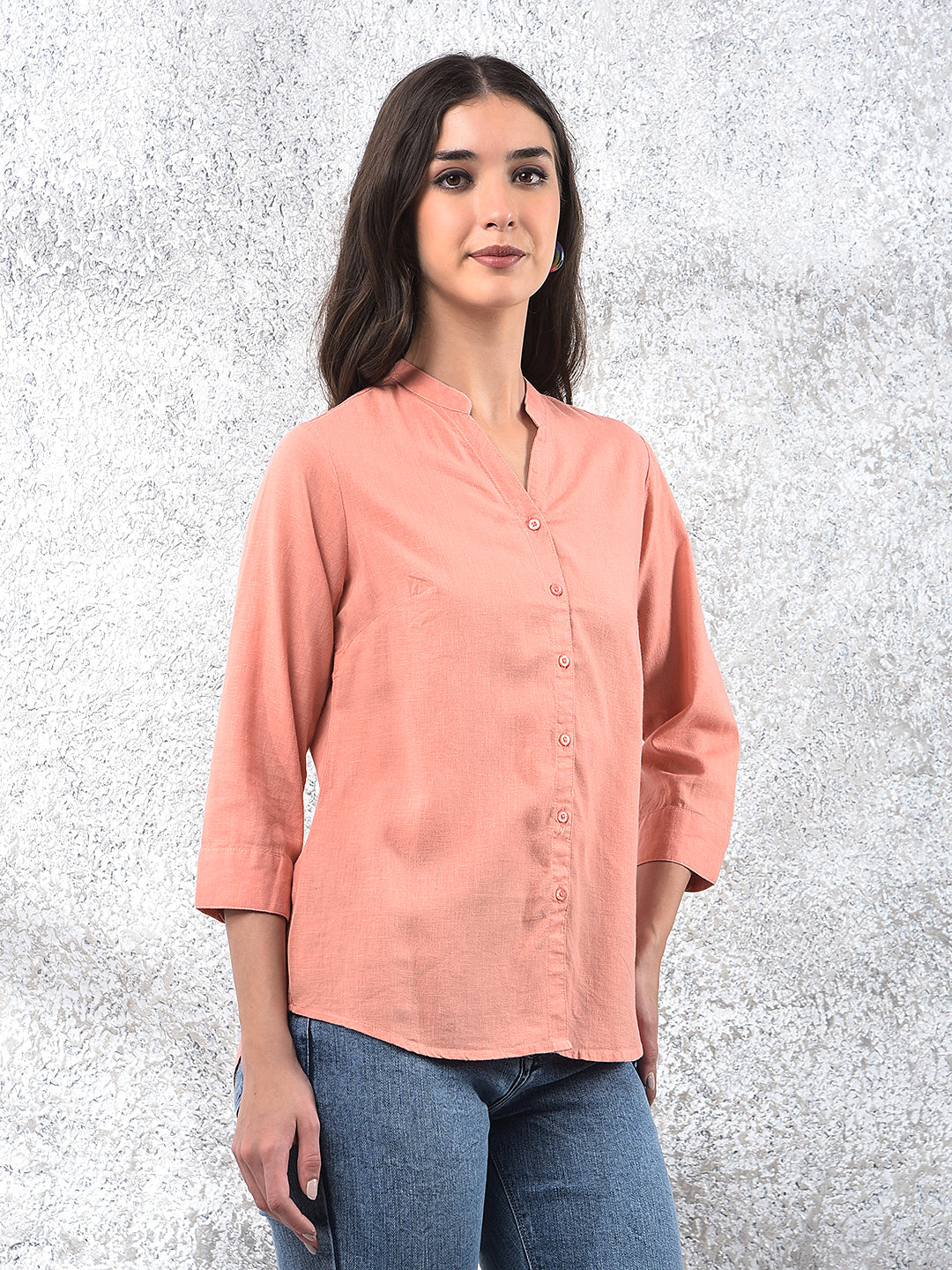 Peach Radiance Mandarin Shirt-Women Shirts-Crimsoune Club