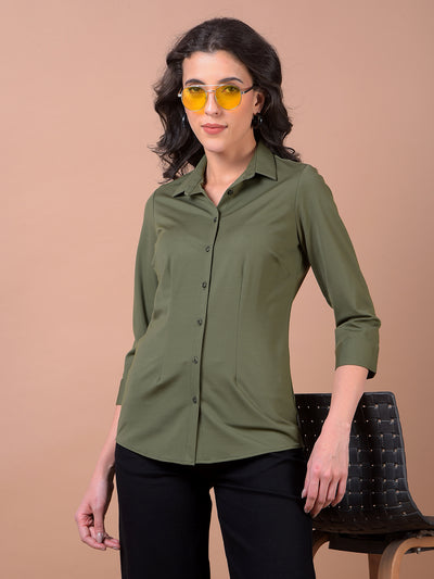 Olive Green Smart Casual Shirt-Women Shirts-Crimsoune Club