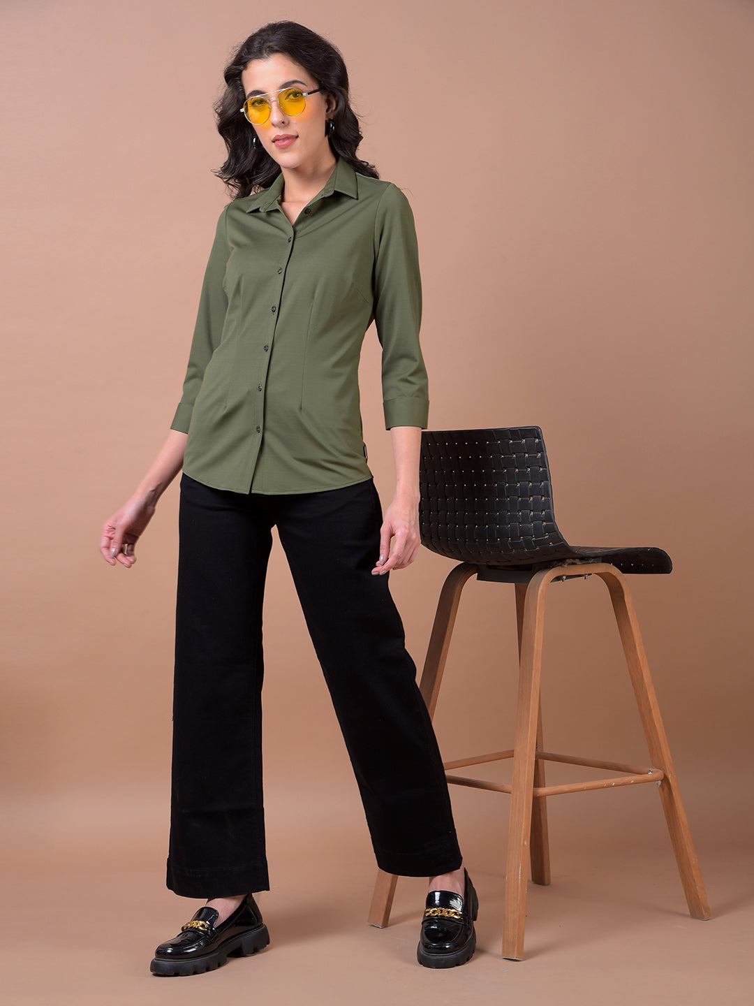 Olive Green Smart Casual Shirt-Women Shirts-Crimsoune Club