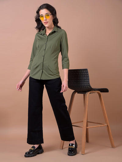 Olive Green Smart Casual Shirt-Women Shirts-Crimsoune Club