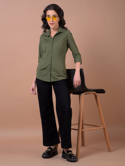 Olive Green Smart Casual Shirt-Women Shirts-Crimsoune Club
