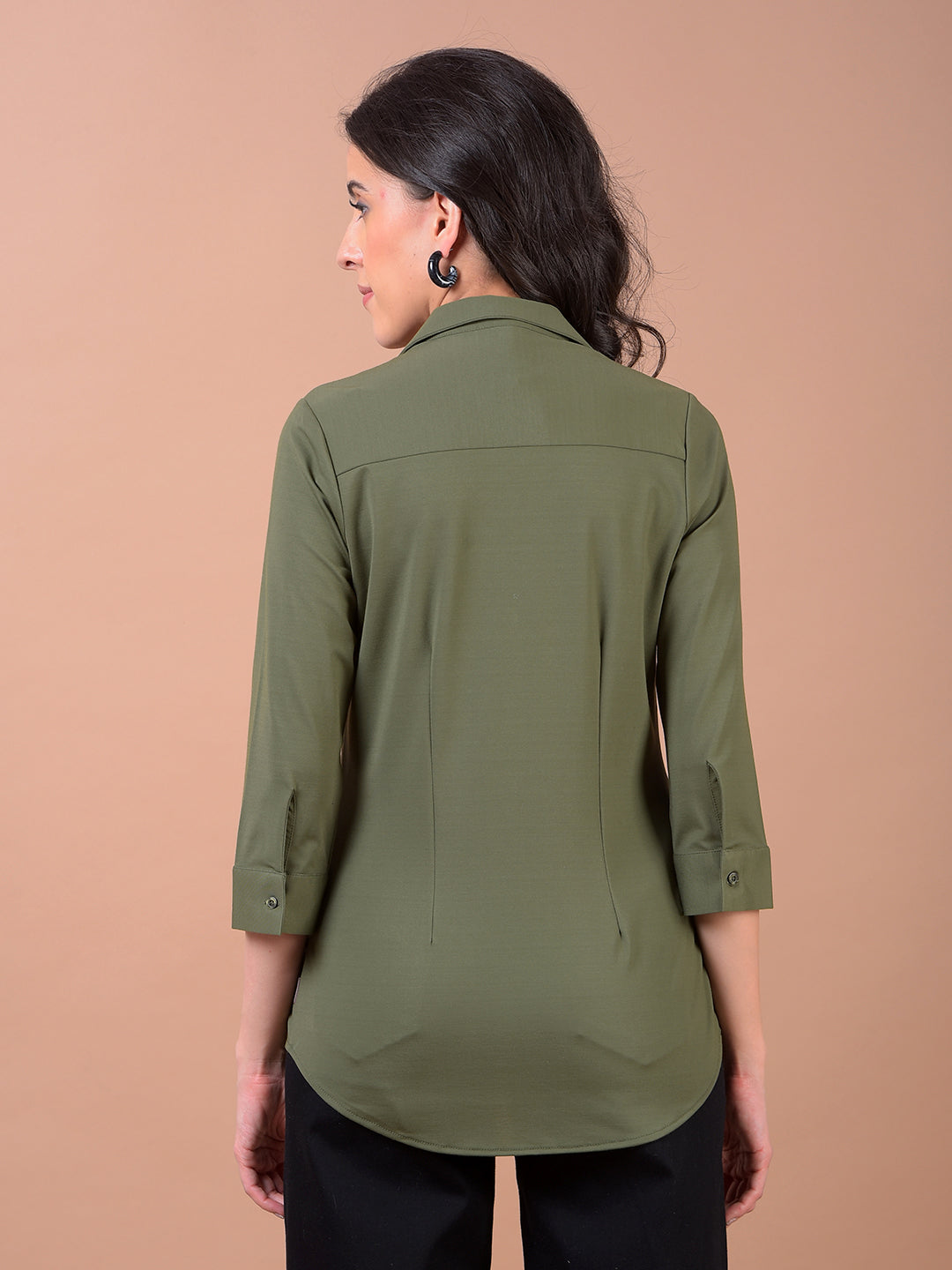 Olive Green Smart Casual Shirt-Women Shirts-Crimsoune Club
