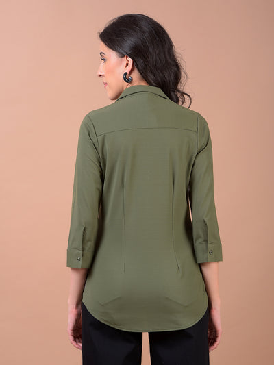 Olive Green Smart Casual Shirt-Women Shirts-Crimsoune Club