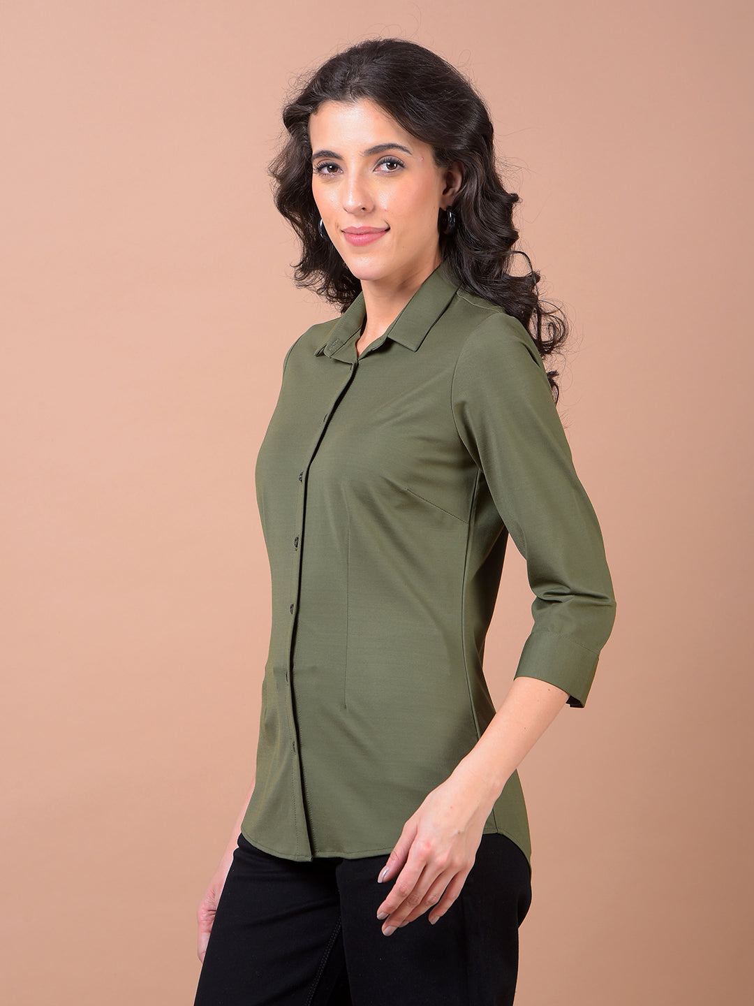 Olive Green Smart Casual Shirt-Women Shirts-Crimsoune Club