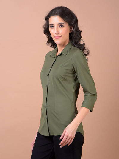 Olive Green Smart Casual Shirt-Women Shirts-Crimsoune Club