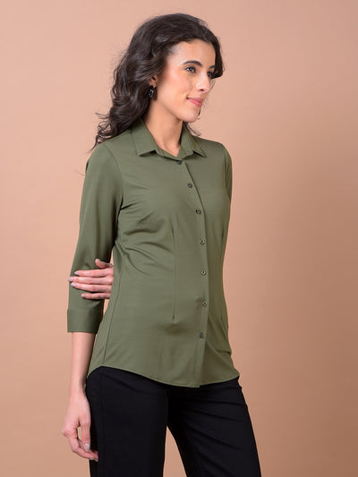 Olive Green Smart Casual Shirt-Women Shirts-Crimsoune Club